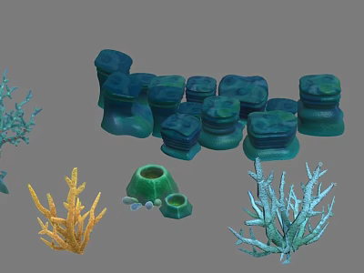 Different Colored Aquatic Plants Including Blue Green Yellow Coral Like and Seagrass Shaped Varieties 3d model