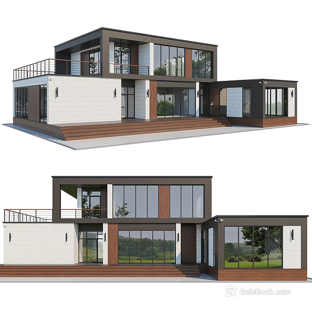 Modern Detached Villa Exterior Design With Large Windows Wooden Balcony And Entrance Area 3d model 