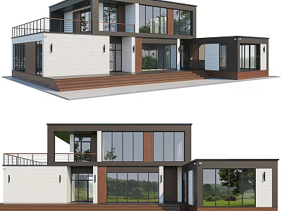 Modern Detached Villa Exterior Design With Large Windows Wooden Balcony And Entrance Area 3d model
