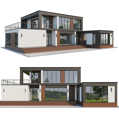 Modern Detached Villa Exterior Design With Large Windows Wooden Balcony And Entrance Area 3d model