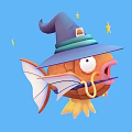 Cute Orange Goldfish Wearing Wizard Hat Holding Magic Wand Against Blue Background With Stars