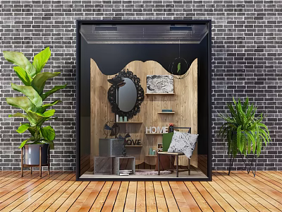 Shop Window Display Decoration With Brick Wall Wooden Decor Round Mirror And Green Plants 3d model