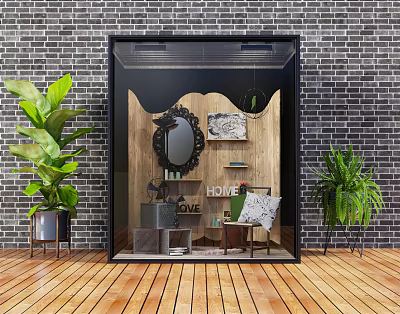Shop Window Display Decoration With Brick Wall Wooden Decor Round Mirror And Green Plants 3d model