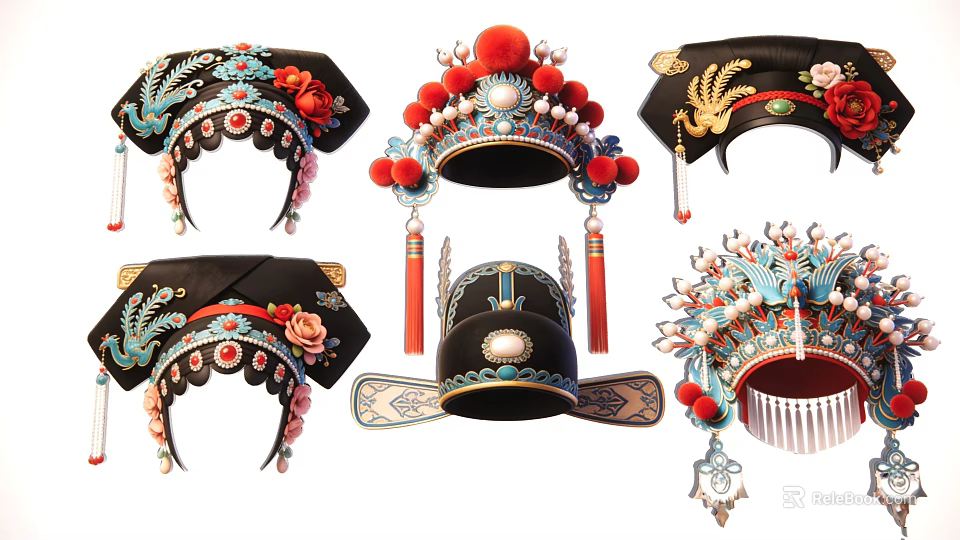 Traditional Chinese Opera Themed Hanging Decorations With Intricate Beads And Feathers 3d model 