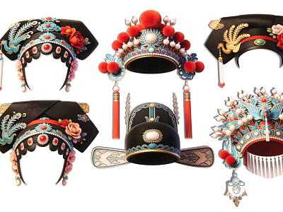 Traditional Chinese Opera Themed Hanging Decorations With Intricate Beads And Feathers 3d model