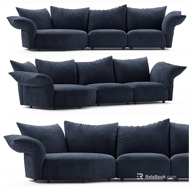 Dark Blue Modern Velvet Three Seater Sofa With Comfortable Cushions And Armrests 3d model 