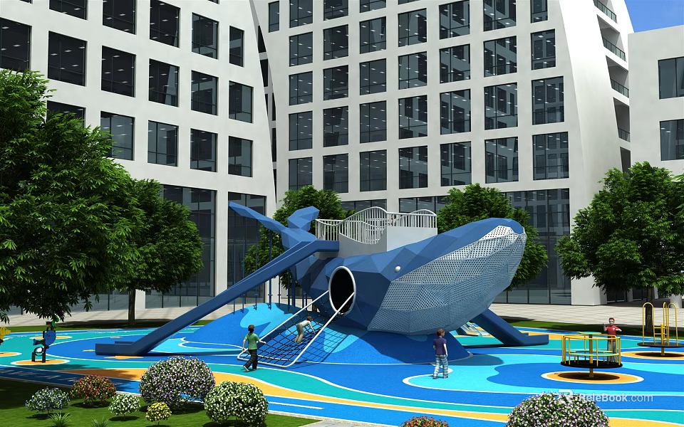 Outdoor Playground Equipment Featuring Whale Shaped Slide Blue Floor Trees And Buildings 3d model 