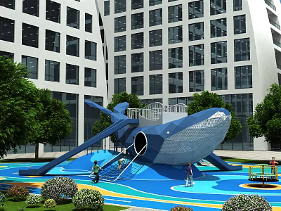 Outdoor Playground Equipment Featuring Whale Shaped Slide Blue Floor Trees And Buildings 3d model