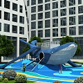 Outdoor Playground Equipment Featuring Whale Shaped Slide Blue Floor Trees And Buildings