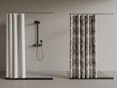Plain White And Patterned Shower Curtains With Black Shower Fixture In Bathroom 3d model