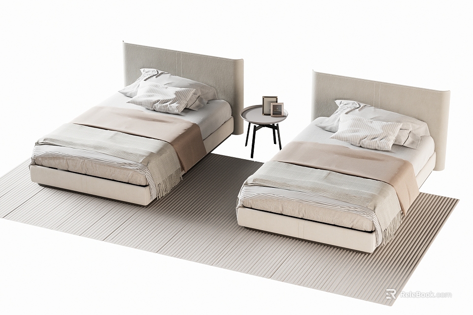 Modern Minimalist Single Beds With Light Headboards Neutral Bedding Small Side Table And Striped Rug 3d model 