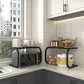 Efficient Kitchen Utensils Display with Microwave Rice Cooker Toaster Jars on Shelf and Light Countertop