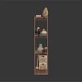 Tall Brown Wooden Shelf With Multiple Shelves Holding Decorative Stone Jar And Box