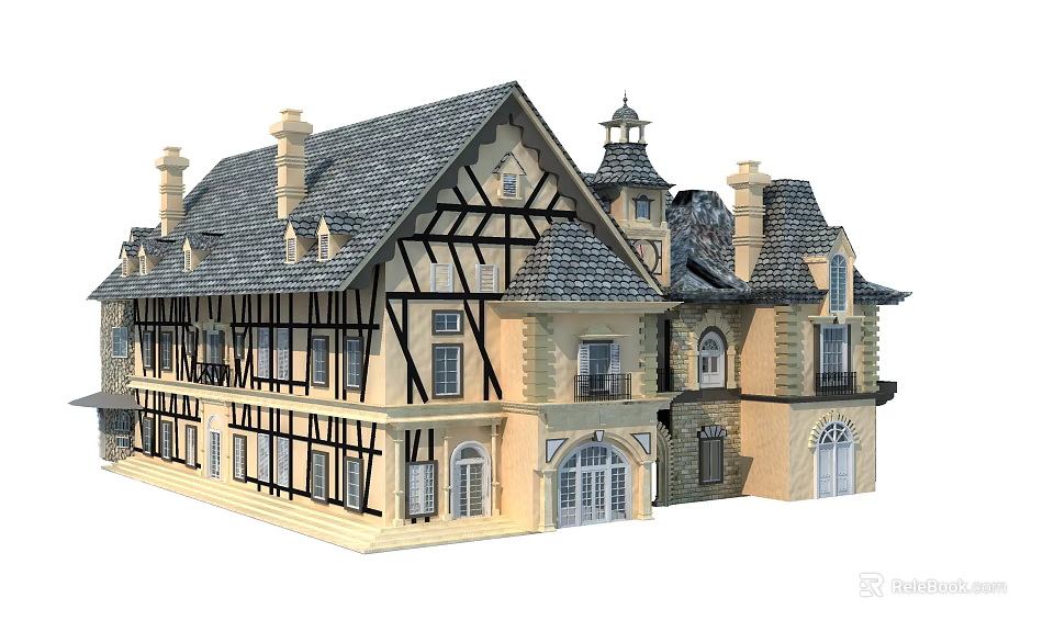 Classic Traditional Detached Villa Featuring Sloped Roof Timber Frame Tower And Chimneys Design 3d model 
