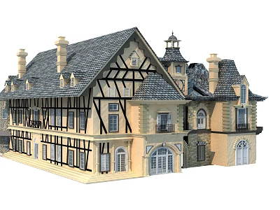 Classic Traditional Detached Villa Featuring Sloped Roof Timber Frame Tower And Chimneys Design 3d model