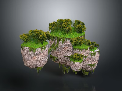 Floating Rock Islands With Green Vegetation Trees And Moss On Dark Background 3d model