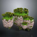 Floating Rock Islands With Green Vegetation Trees And Moss On Dark Background