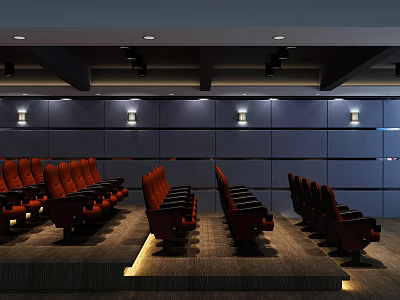 Modern Cinema Interior Design With Red Comfortable Seats And Blue Paneled Walls 3d model