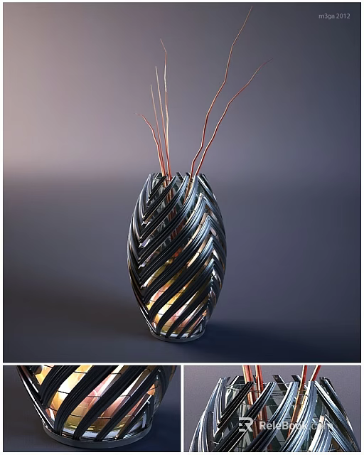 Black and Gold Spiral Pattern Vase with Red Slender Flower Stems 3d model 