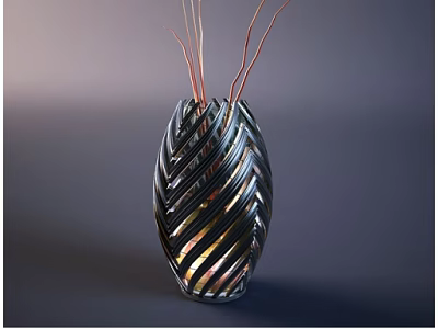 Black and Gold Spiral Pattern Vase with Red Slender Flower Stems 3d model