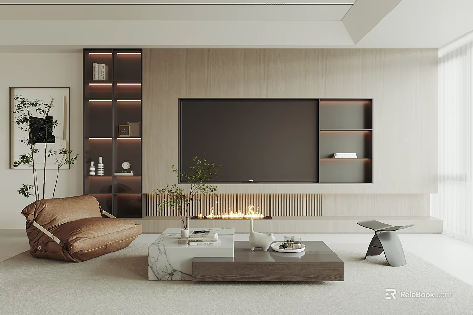 Modern TV Wall Design In Minimalist Living Room With Shelves 3d model 