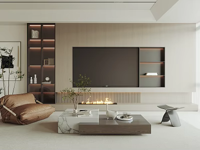 Modern TV Wall Design In Minimalist Living Room With Shelves 3d model