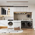 Modern Stylish Laundry Room With Functional Cabinetry Washing Machine Dryer And Decorative Rug