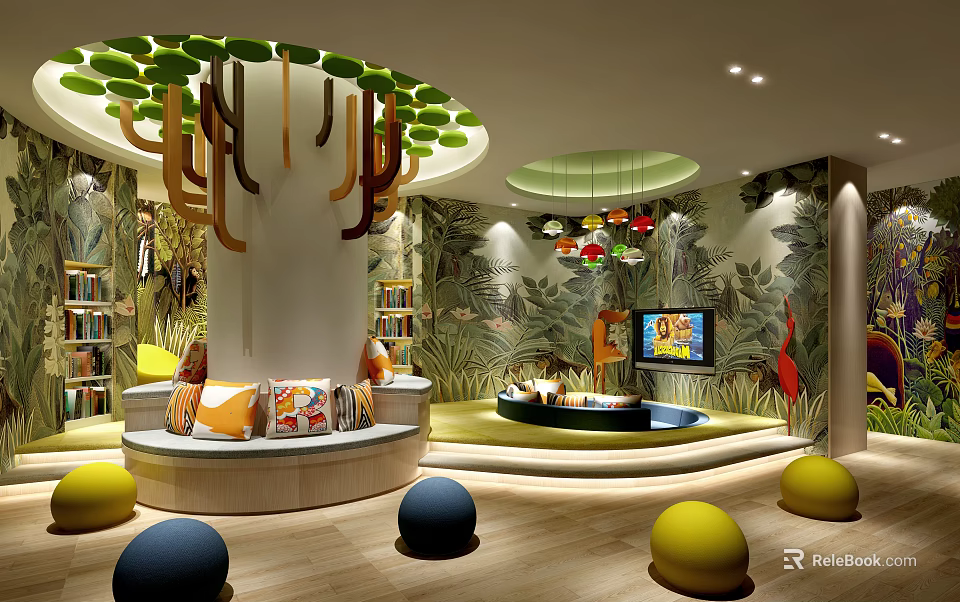 Colorful Kindergarten Interior With Cartoon Murals Round Seats Play Area And Bookshelves 3d model 