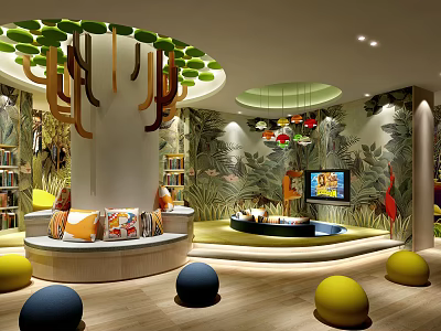 Colorful Kindergarten Interior With Cartoon Murals Round Seats Play Area And Bookshelves 3d model