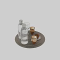 Tabletop Decor Set With Water Bottles Coffee Mugs Glass Cup Muffin On Woven Tray
