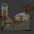 Cartoon Style Rocky Mountain Scene With Cabin Watchtower Trees And Solar Panels