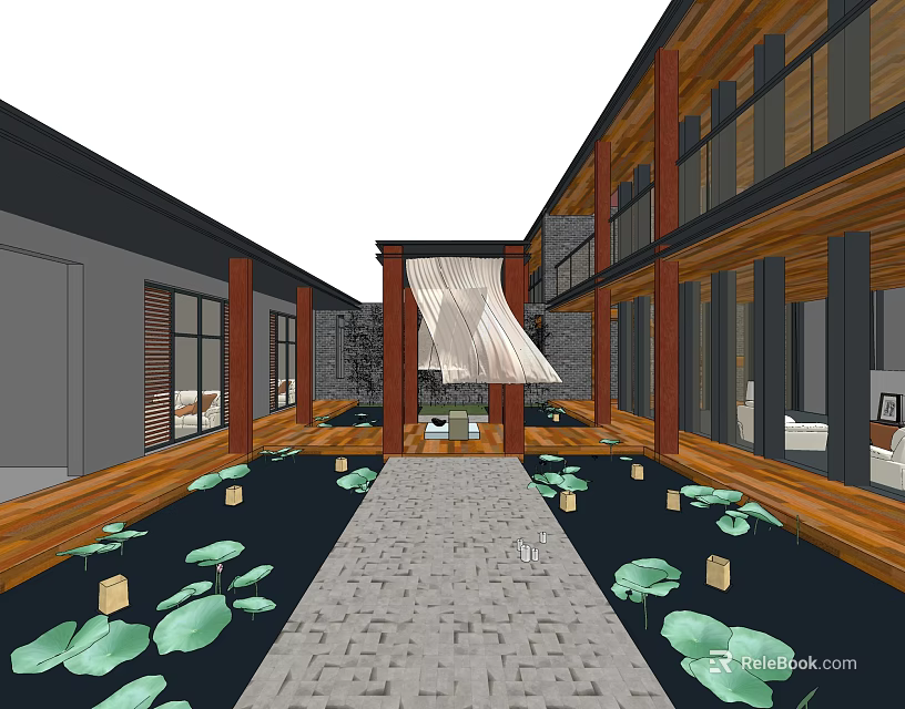 Traditional Garden Landscape With Stone Path Lotus Leaves Water Pond Wooden Structures And Decorative Screen 3d model 
