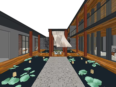 Traditional Garden Landscape With Stone Path Lotus Leaves Water Pond Wooden Structures And Decorative Screen 3d model
