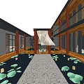 Traditional Garden Landscape With Stone Path Lotus Leaves Water Pond Wooden Structures And Decorative Screen