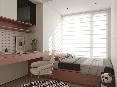 Tatami Bedroom Interior With Pink Desk White Chair Window Blinds Storage And Rug 3d model