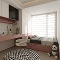Tatami Bedroom Interior With Pink Desk White Chair Window Blinds Storage And Rug