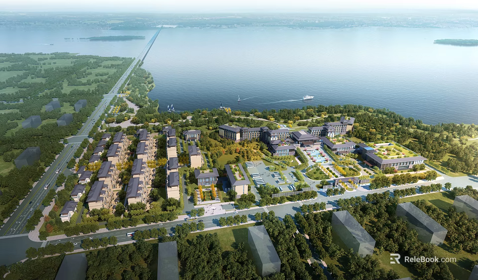 Aerial View Of Waterfront Residential Master Plan With Greenery And Roads 3d model 