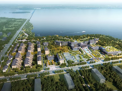 Aerial View Of Waterfront Residential Master Plan With Greenery And Roads 3d model