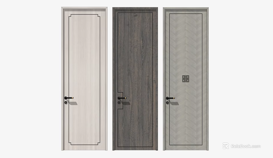 Different Textured Hinged Doors With Light Dark And Gray Wood Grain Patterns 3d model