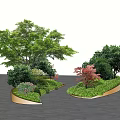 Arbor Trees In Modern Landscape Design With Shrubs Flowers And Circular Beds 3d model