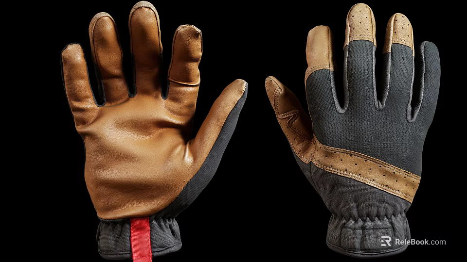 Pair of Brown and Black Leather Fabric Gloves With Detailed Stitching And Wrist Cuffs 3d model 