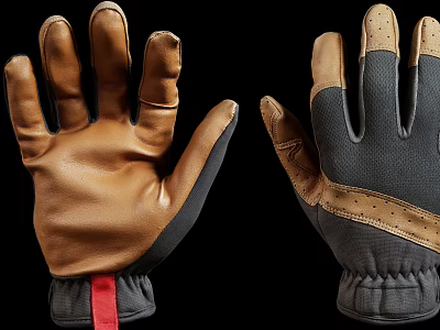 Pair of Brown and Black Leather Fabric Gloves With Detailed Stitching And Wrist Cuffs 3d model