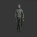 Character Wearing Gray Hoodie And Black Pants With Brown Shoulder Bag Standing Against Gray Background