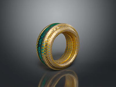 Unique Fashionable Gold Ring With Green Inlay And Intricate Decorative Patterns 3d model