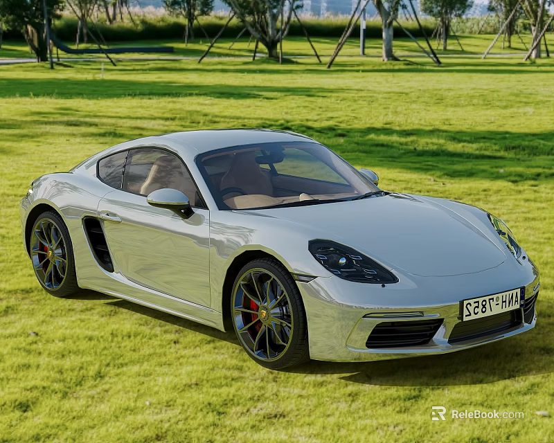 Silver Porsche Sleek Sports Car Parked On Green Grass With Trees 3d model 