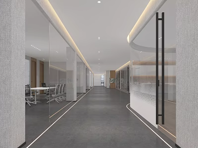 Modern Office Corridor Design With Glass Partitions Recessed Lighting And Gray Flooring 3d model