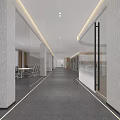 Modern Office Corridor Design With Glass Partitions Recessed Lighting And Gray Flooring
