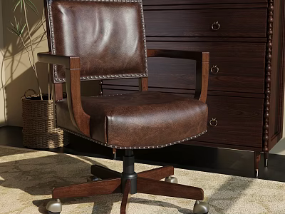 Brown Leather Office Chair With Wooden Armrests Stitched Details Metal Casters For Home Office 3d model