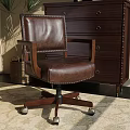 Brown Leather Office Chair With Wooden Armrests Stitched Details Metal Casters For Home Office