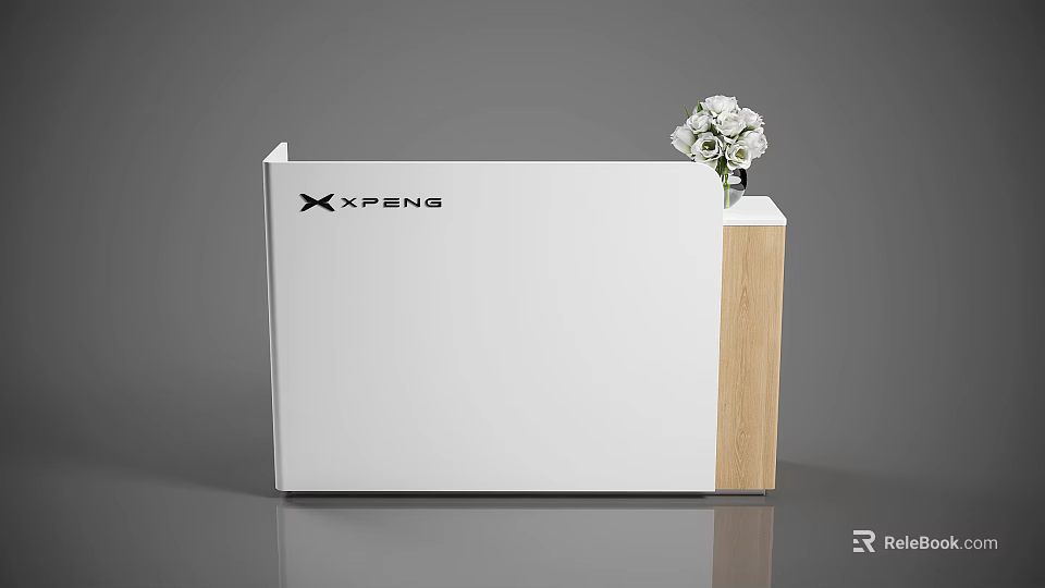Modern XPENG Reception Desk With White Surface Wooden Side And Flower Arrangement 3d model 